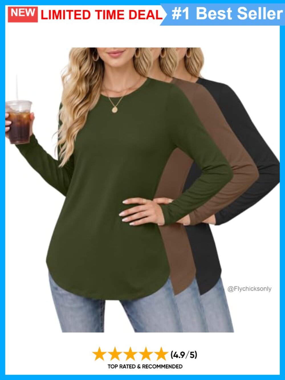3 Pack Women's Long Sleeve Tunic Tops Loose Fit Casual Layering Shirts